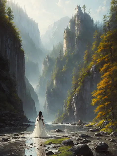 High detail RAW color art, animation, white skin, (((Liv Tyler as Arwen))), crosses the river, sequoia forest, portrait, elf, ((...