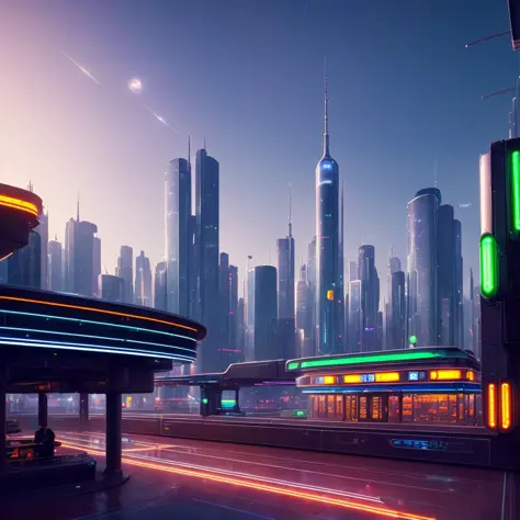 Urban landscape photograph of ( A futuristic space station, with gleaming metal halls and neon-lit cafes) ultra-realistic, by thomas cole, cinematic, atmospheric, composition, cityscape, sense of wonder, 8k