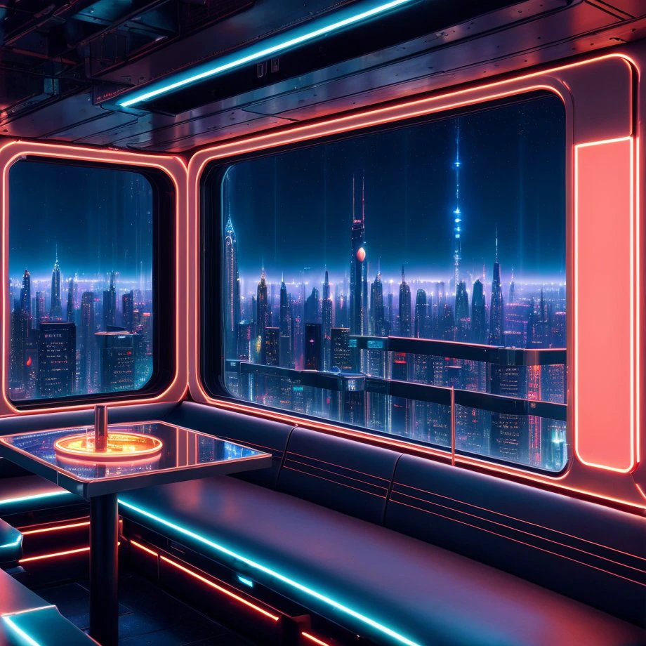 Urban landscape photograph of ( A futuristic space station, with gleaming metal halls and neon-lit cafes) ultra-realistic, by thomas cole, cinematic, atmospheric, composition, cityscape, sense of wonder, 8k