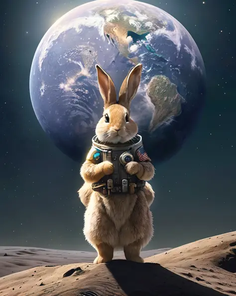 masterpiece, best quality,, realistic,rabbit, on the moon:, (earth:1.3) background, detailed, trending, artstation, deviantart, artstation hd, 8k, high resolution, detailed, art, fantasy, fantasy art, in the style of greg rutkowski