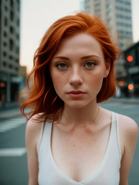 a 17mm ultrawide angle, portrait of a (redhead:1.2), freckles teacher, staying on the street of modern city, [nipples : white sh...