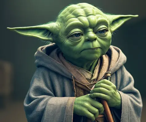 4k, a low Master Yoda with a cane, eye contact, focus, background indoors, precisionism,, ((((cinematic look)))), soothing tones, insane details, intricate details, hyperdetailed, low contrast, soft cinematic light, dim colors, exposure blend, hdr, faded, slate gray atmosphere