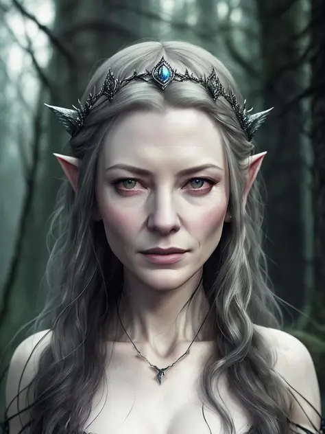 (young Cathe Blanchett:1.2) as Galadriel from LOTR in forest, elf ears, 
visible nipples through transparent dress, slate atmosphere, cinematic, dimmed colors, dark shot, muted colors, film grainy, insane details, intricate details, hyperdetailed, twilight, ((cartoon style)), ((lord of the rings)), mystical, elegant, beautiful face, elven forest, luxury elegant tiara, 
(((domineering look))), danger, (fear and horror), mordor, creepy, darkest terror background,
(detailed skin, skin texture), intricately detailed, fine details, hyperdetailed, raytracing, subsurface scattering, diffused soft lighting, shallow depth of field, by (Oliver Wetter)