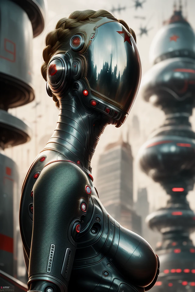 portrait en gros plan , cyborg métallique cyberpunk sexy femme,
beaux seins, corps mince, taille fine, (gros tétons en métal),
avec des cheveux courts tressés, ((((Un))) étoile rouge sur le front), Peau de métal, pas de visage, mains cachées,
((((paysage urbain futuriste de l&#39;esthétique soviétique sur fond)))),
venant d&#39;un futur dystopique, elle représente la pointe de l&#39;art conceptuel, incarnant la puissance et l’ambition d’une nouvelle ère, peinture photoréaliste , complexe, 8k, ((peau très détaillée)), peinture numérique, intense, netteté,
art par artgerm et rutkowski ,
société cg, pleine hauteur,
brut, style analogique, 1fille, *SUJET*, 8k euh, reflex numérique, haute qualité, grain de film, Fujifilm XT3