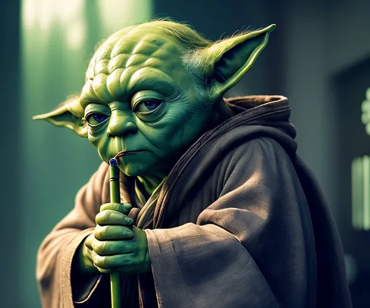 4k, a low Master Yoda with a cane, eye contact, focus, background ...