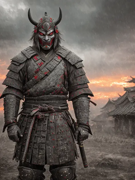 samurai wearing demon oni mask, full samurai armor, head down, in village, full body shot, epic realistic, (hdr:1.4), (muted colors:1.4), (intricate details, hyperdetailed:1.2), dramatic , heavy rain, sunset, dark clouds
