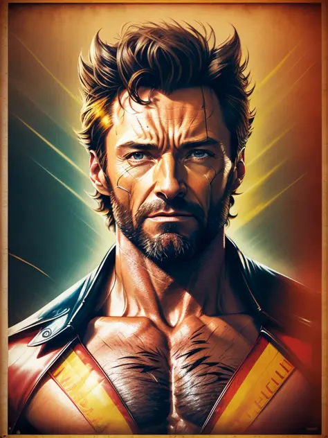 Hugh Jackman as wolverine, vhs effect, (poster:1.6), poster on wall, nostalgia, movie poster, portrait, close up
(skin texture),...