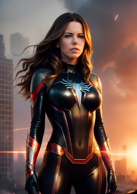 Kate Beckinsale in detailed metal Spider-Man costume, photo of sassy woman with angry look, large breasts, superhero pose, standing in ruined city at sunset, hyperdetailed, smoke, sparks, sunlight, (8k), realistic, symmetrical, award-winning, cinematic lightning, soaked, film, 75mm, scratches, full body shot, close-up, torn and dirty clothes, detailed face,