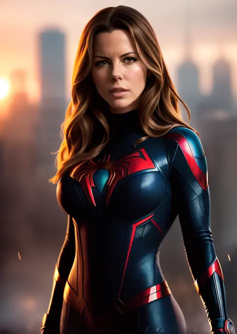 Kate Beckinsale in blue Spider-Man costume, photo of sassy woman with angry look, large breasts, superhero pose, standing in ruined city at sunset, hyper-detailed, (8k), realistic, symmetrical, award-winning, cinematic lightning, soaked, film, 75mm, scratches, full body shot, close-up, torn and dirty clothes, detailed face,