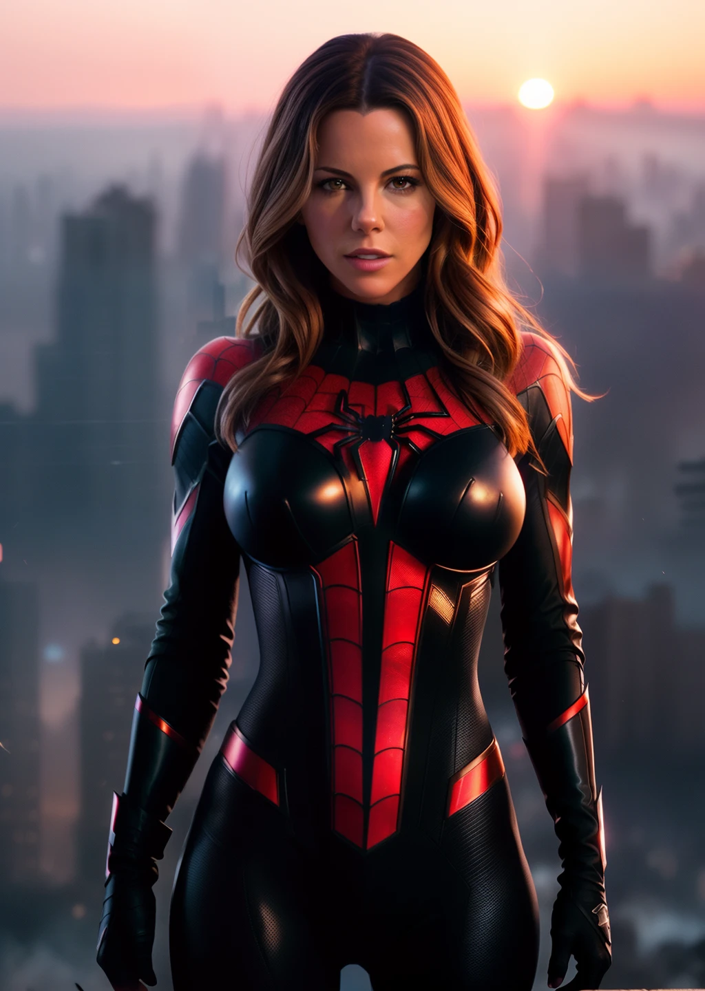 Kate Beckinsale in detailed Spider-Man ghost costume, large breasts, superhero pose, standing in ruined city at sunset, hyperdetailed, smoke, sparks, sunbeams, (8k), realistic, symmetrical, award-winning, cinematic lightning, soaked, film, 75mm, scratches, full body shot, close-up, torn and dirty clothes, detailed face,