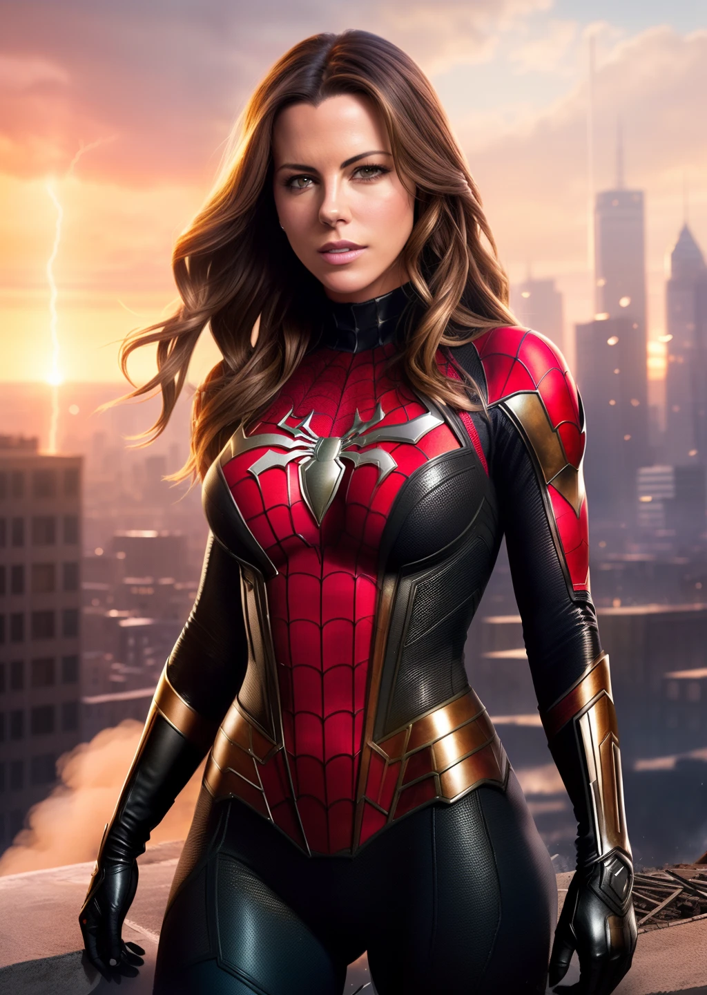 Kate Beckinsale in detailed brown Spider-Man costume, large breasts, superhero pose, standing in ruined city at sunset, hyperdetailed, smoke, sparks, sunbeams, (8k), realistic, symmetrical, award-winning, cinematic lightning, soaked, film, 75mm, scratches, full body shot, close-up, torn and dirty clothes, detailed face,