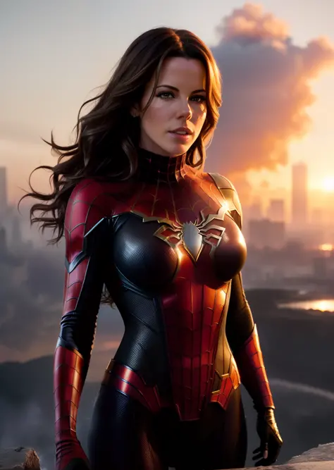 Kate Beckinsale in detailed brown Spider-Man costume, large breasts, superhero pose, standing in ruined city at sunset, hyperdetailed, smoke, sparks, sunbeams, (8k), realistic, symmetrical, award-winning, cinematic lightning, soaked, film, 75mm, scratches, full body shot, close-up, torn and dirty clothes, detailed face,
