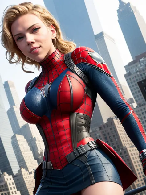 Scarlett Johansson in  a spider-man suit, sexy, (mini skirt:1.1), belt, deep neckline, cheeky smile, in new york, shot on dslr, detailed face, big hips, amazing body, amazing legs, cinematography, maximum details, neutral colors, hdr, muted colors, soft cinematic light, insane details, intricate details, hyperdetailed,erected nipples, ass, panties