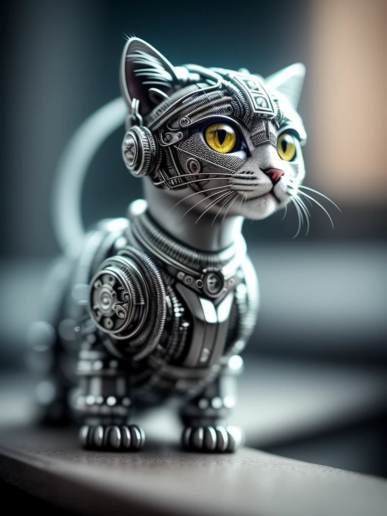um gatinho fofo feito de metal, (ciborgue:1.1), ([cauda | decaudaed wire]:1.3), (intricate decaudas), hdr, (intricate decaudas, hyperdecaudaed:1.2), tomada cinematográfica, vinheta, centrado