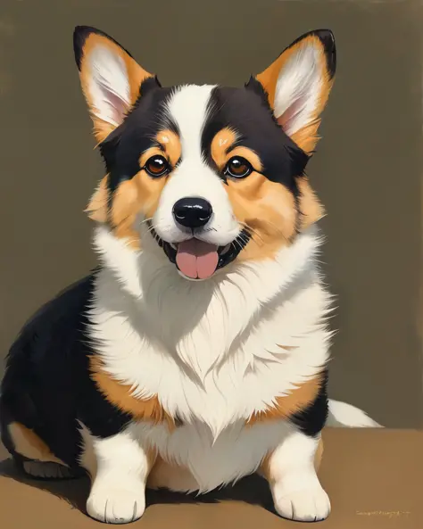 close up portrait of a happy corgi dog, dark background, anime style, ghibli studio style, highly detailed, professional majestic oil painting by Ed Blinkey, Atey Ghailan, Studio Ghibli, by Jeremy Mann, Greg Manchess, Antonio Moro, trending on ArtStation, ...