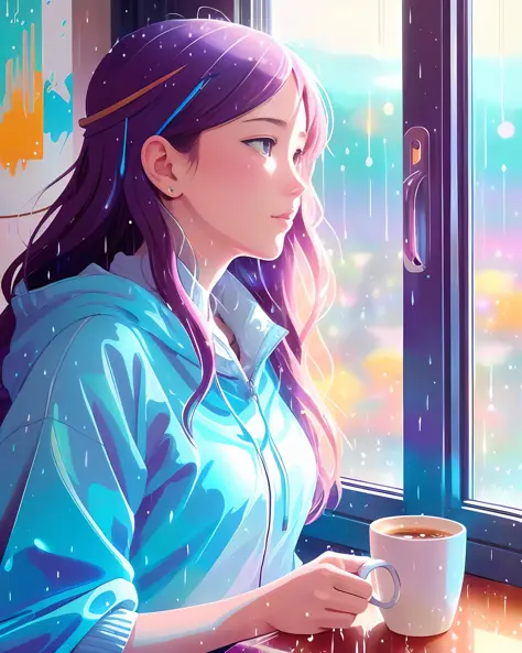 Realistic, real life, beautiful Cute girl sitting psychedelic patterns by window drinking coffee with background by greg rutkowski makoto shinkai kyoto animation key art feminine mid shot, ((rainy day, cloudy sky)), style of laurie greasley, studio ghibli, akira toriyama, james gilleard, genshin impact, trending pixiv fanbox, acrylic palette knife, 4k, vibrant colors, devinart, trending on artstation