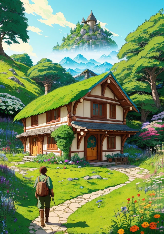 réaliste, vrai vie, belle maison de hobbit sur la colline, style de Laurie Greasley, studio Ghibli, akira toriyama, James Gillard, impact genshin, tendance fanbox pixiv, couteau à palette acrylique, 4K, couleurs vives, devinart, tendance sur artstation
