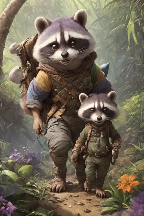 cute racoon adventurer walk in wild colorfully jungle, oversaturated, by Jean-Baptiste Monge, Gilles Beloeil, Tyler Edlin, Marek...