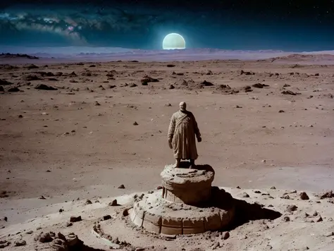 desolated planet, hot desert, epic night star sky, galaxy, desolated and destroyed bust-statue of Lenin, destroyed moon