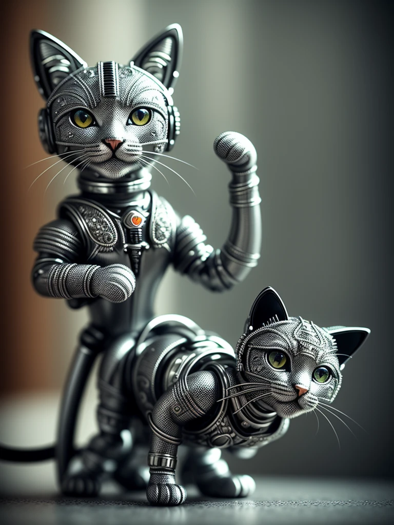 un lindo gatito hecho de metal, (cíborg:1.1), ([cola | decolaed wire]:1.3), (intricate decolas), HDR, (intricate decolas, hyperdecolaed:1.2), toma cinematográfica, viñeta, centrado
