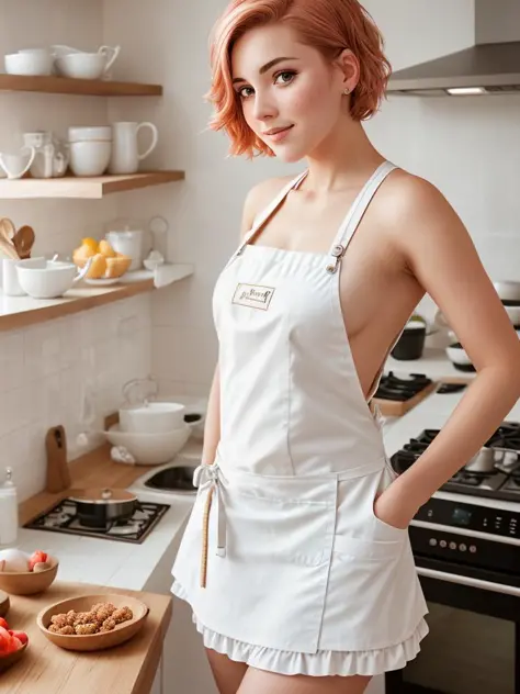 a closeup portrait of a playful maid, undercut hair, natural, apron, amazing body, pronounced feminine feature, kitchen, [ash blonde | ginger | pink hair], freckles, flirting with camera