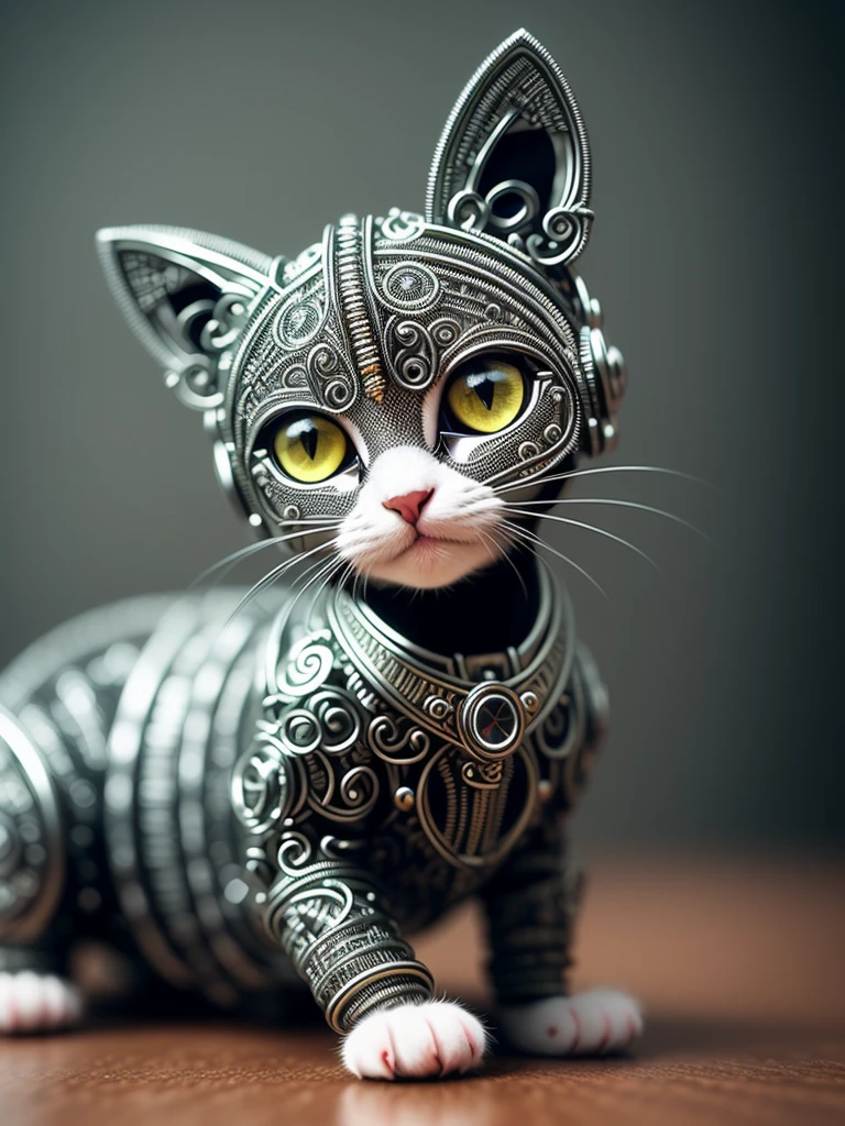 一隻可愛的金屬製成的小貓, (机器人:1.1), ([大尾巴 | 複雜的電線]:1.3), (錯綜複雜的細節:1.2), 高動態範圍, (錯綜複雜的細節, 超詳細:1.2), 电影镜头, 小插图, 居中