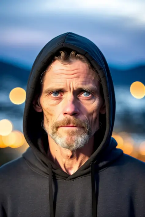 outdoor, hills, night, a RAW photo a skinny man in black hoodie, closeup, 35 yo, (Willem Dafoe:0.7), muted colors
hyper detailed skin, (moles:1.12), photojournalism
low light