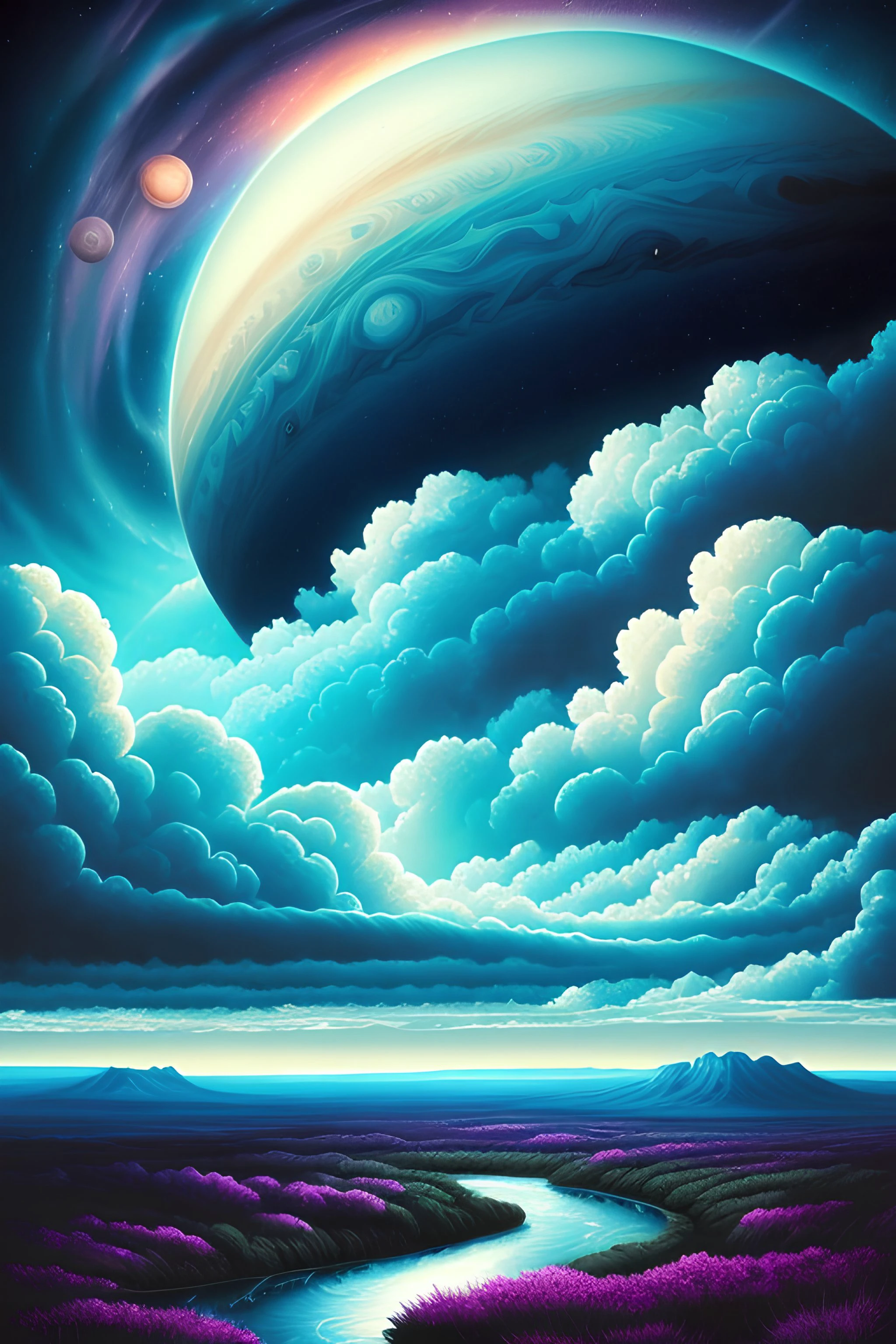 illustration of jupiter clouds by dan mumford, alien landscape and vegetation, epic scene, a lot of swirling clouds, high exposure, highly detailed, realistic, vibrant blue tinted colors, uhd