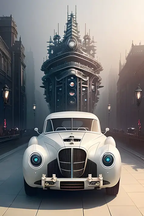 wide shot of a minimal biomechanical steampunk translucent opaque vehicle reminiscent of 40s 1940 car, modern luxury yacht, pearl white and carbonfiber, led lights, glowing headlights, gothic and baroque, rococo, brutalist, ultradetailed, creepy ambiance, fog, artgerm, giger, by Ellen Jewett and Josan Gonzalez and Giuseppe Arcimboldo, zaha hadid, night city background