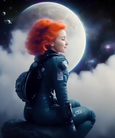 (Photo:1.3) of (Ultra detailed:1.5),(Energetic:1.2) a european woman in a spacesuit,(hair on end:1.3) [ black hair : ginger : 17],beautiful body,sitting on a small moon,against the backdrop of space,humble smile. (atmosphere:1.3), (fog:1.2),(saturated colors:1.2),(black vignette:1.1), background more details,(by Artist WLOP:1.4),Highly Detailed,(Pastel Colors:1.4)