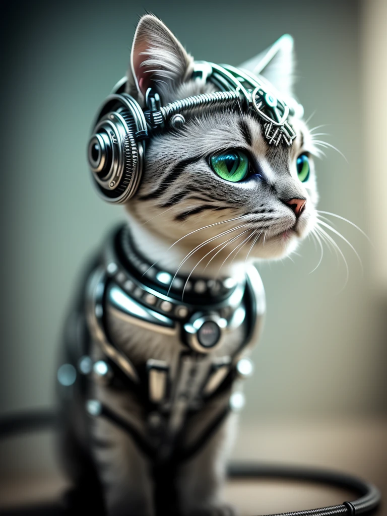 un joli chaton en métal, (cyborg:1.1), ([queue | dequeueed wire]:1.3), (intricate dequeues), hdr, (intricate dequeues, hyperdequeueed:1.2), plan cinématographique, vignette, centré
