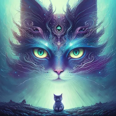 galactic cat with a lot of hair on it's head, third eye, staring at something in the distance, intricate details,  electric, fan...