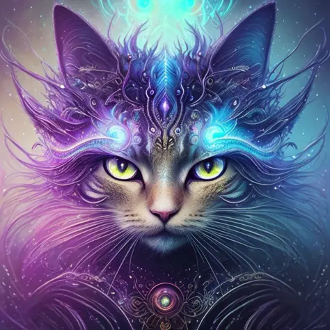 galactic cat with a lot of hair on it's head, third eye, staring at something in the distance, intricate details,  electric, fan...