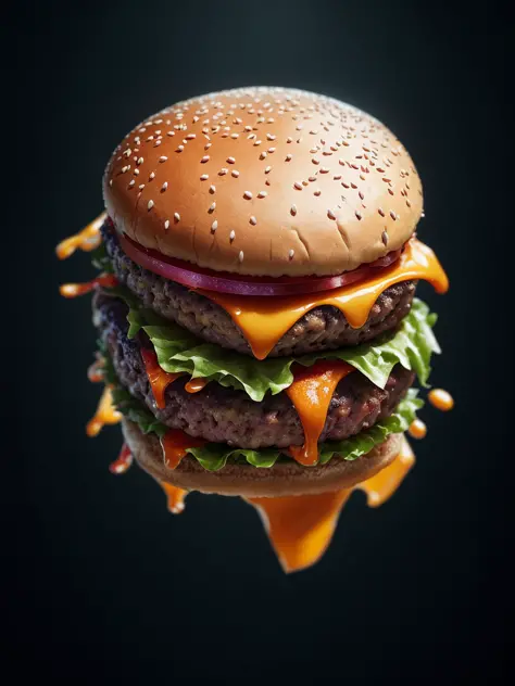 A burger falling in pieces juicy, tasty, hot, promotional photo, intricate details, hdr, cinematic, adobe lightroom, highly detailed 