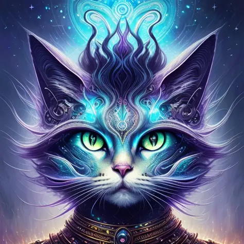 galactic cat with a lot of hair on it's head, third eye, staring at something in the distance, intricate details,  electric, fan...