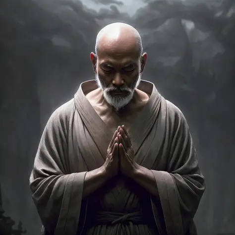 man Monk in robe prays in lotus pose, by Fang Congyi, fantasy art, (dark atmosphere:1.5), cinematic, intricate, dof