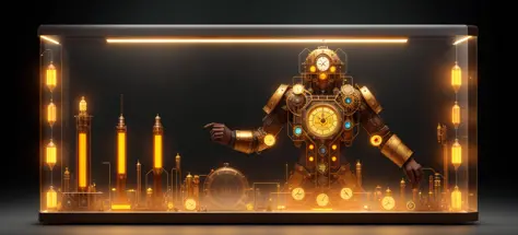 steampunk,knollingcase, isometic render, a steampunk Titan, isometric display case, knolling teardown, transparent data visualization infographic, high-resolution OLED GUI interface display, high contrast, micro-details, octane render, photorealism, photorealistic