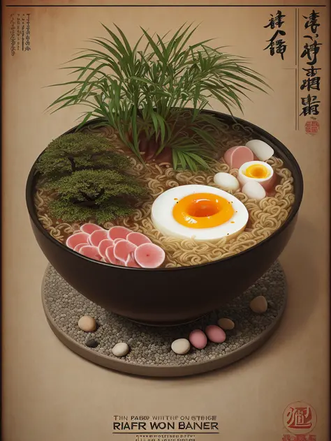 one big Ramen whit half boiled egg, slice of boiled ham,
Food stick
(still life), (japanese autumn, sacura blossom, rock garden, bonsai)
fog, haze, high detail, ultradetailed, intricately detailed, fine details, hyperdetailed, cinematic, hyperrealistic, 
hyper realism soft light, studio lighting, diffused soft lighting, shallow depth of field, sharp focus bokeh,
raytracing, subsurface scattering, diffused soft lighting, 
ultradetailed, (intricately detailed, fine details, hyperdetailed), cinematic, hyperrealistic,
(poster:1.6)