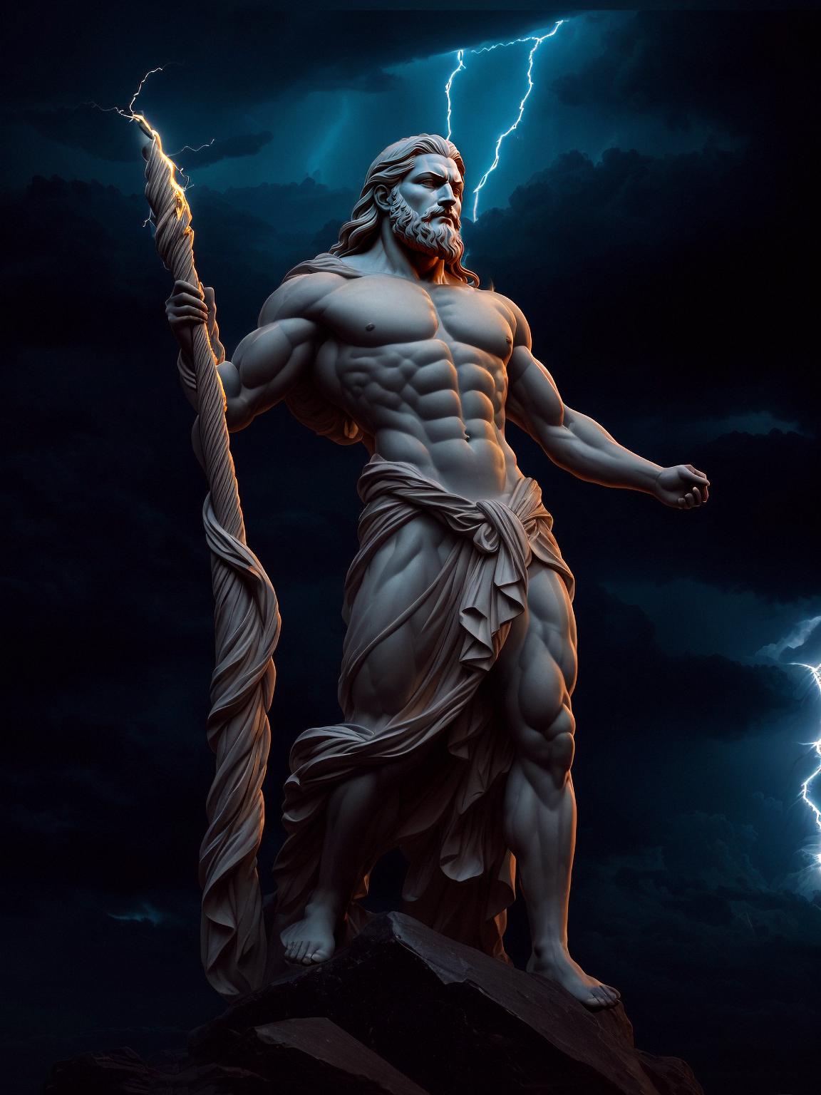 a statue of zeus, dynamic pose, standing on a rock (with lightning in
