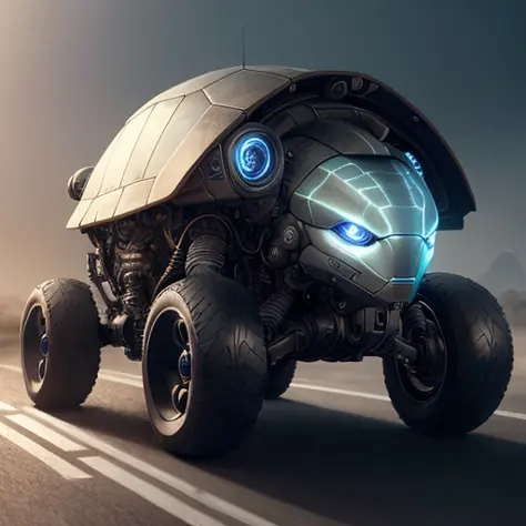 Portrait of a cybernetic turtle on wheels, full body, deadly face with power armor, ultra realistic, concept art, intricate details, eerie, highly detailed, photorealistic, octane render, 8 k, unreal engine. art by artgerm and greg rutkowski, (natural skin texture,soft light, sharp:1.2)