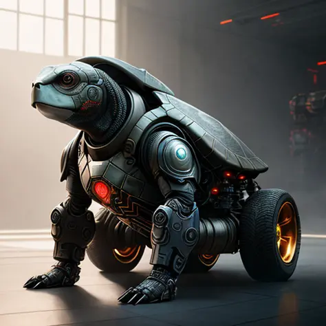Portrait of a cybernetic turtle on wheels, full body, deadly face with power armor, ultra realistic, concept art, intricate details, eerie, highly detailed, photorealistic, octane render, 8 k, unreal engine. art by artgerm and greg rutkowski,