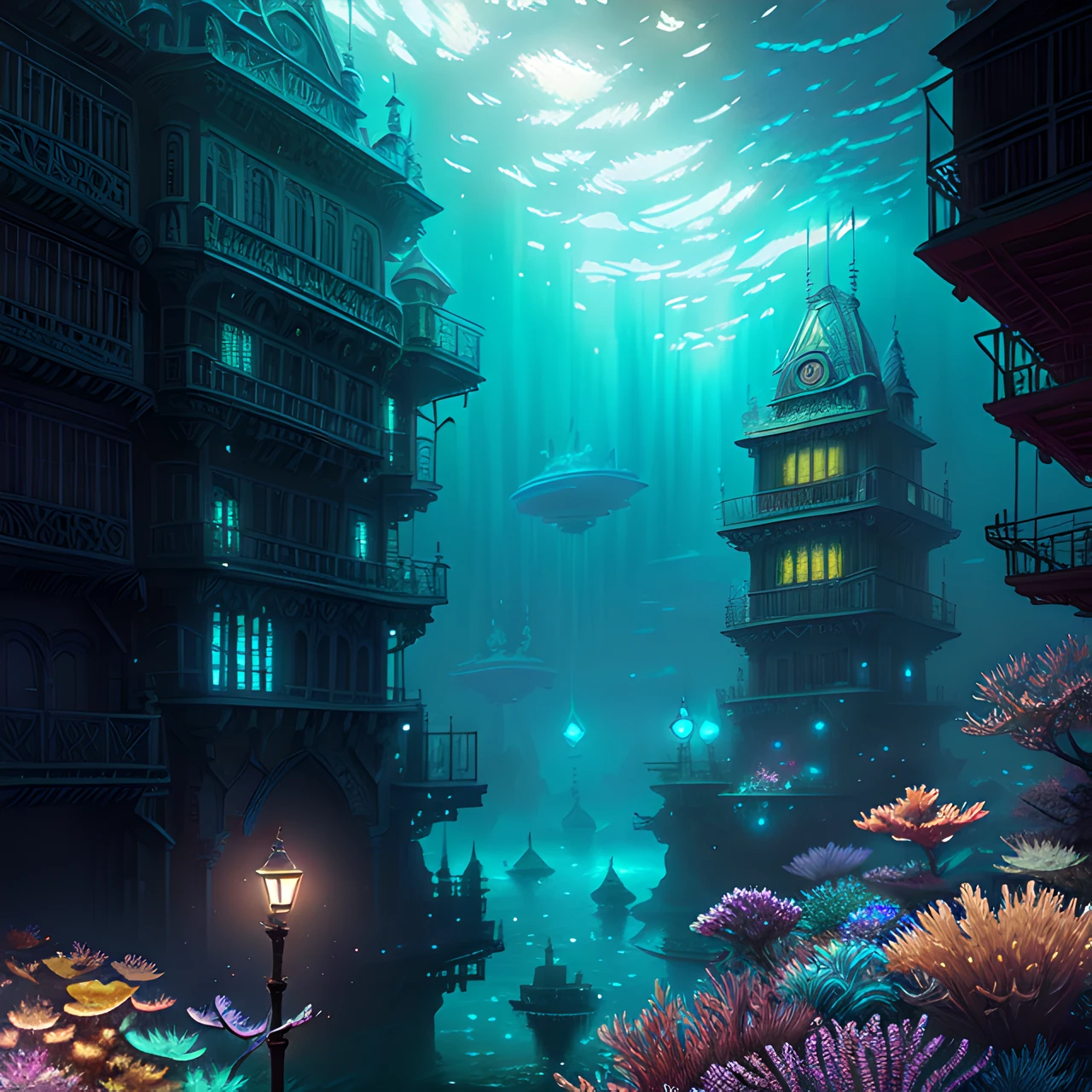 (best quality,masterpeace),(hyperdetailed colourful),
An underwater city of bioluminescent creatures
, hdr, cinematic lighting, trending on artstation,trending on CGSociety, professional majestic oil painting by greg rutkowski,immense detail, rim lighting, two tone lighting, dimly lit, low key ,