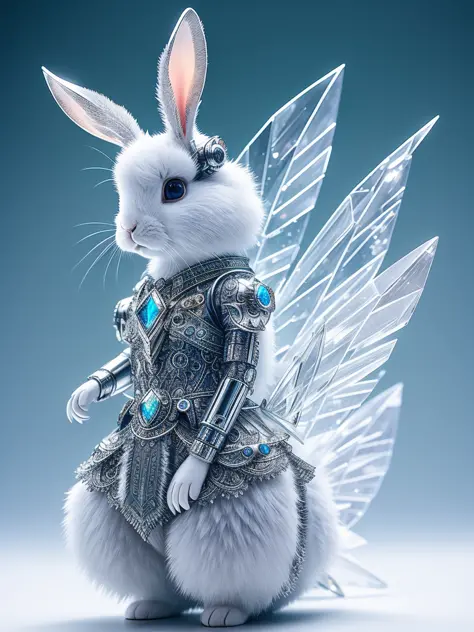 A cute rabbit made of crystal, crystal wing, 4K, (cyborg:1.1), ([tail|detail wire]:1.3), (intricate detail), hdr, (intricate detail, super detail:1.2), cinematography, vignetting, centering