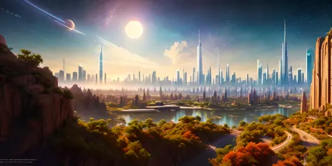 a beautiful landscape of an alien planet with a massive highly technological city with tall skyscrapers with a backdrop of stars and planets, digital illustration, (masterpiece), (high quality), best quality, high quality, extremely detailed CG unity 8k wallpaper, award winning photography, Bokeh, Depth of Field, HDR, bloom, Chromatic Aberration ,Photorealistic,extremely detailed, trending on artstation, trending on CGsociety, Intricate, High Detail, dramatic, art by midjourney