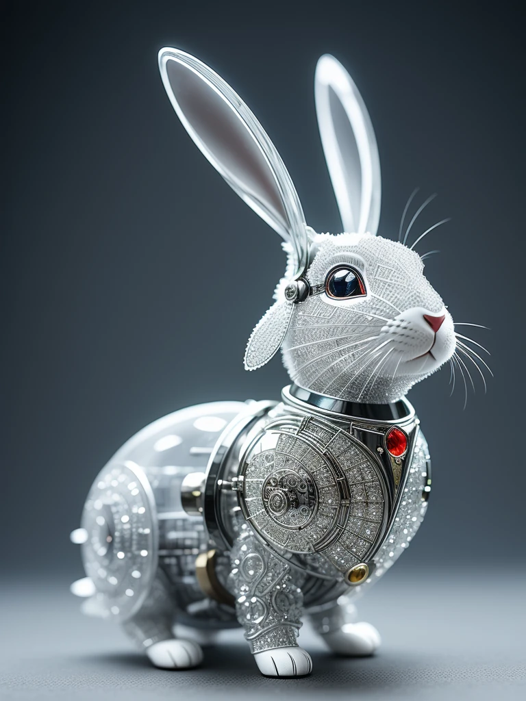 A cute rabbit made of crystal, 4K, (cyborg:1.1), ([tail|detail wire]:1.3), (intricate detail), hdr, (intricate detail, super detail:1.2), cinematography, vignetting, centering