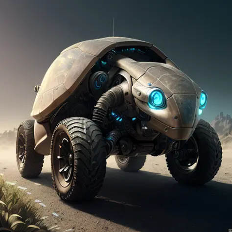Portrait of a cybernetic turtle on wheels, full body, deadly face with power armor, ultra realistic, concept art, intricate details, eerie, highly detailed, photorealistic, octane render, 8 k, unreal engine. art by artgerm and greg rutkowski, (natural skin texture,soft light, sharp:1.2)