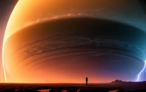lightning storm on saturn, planet on main, low angle, (universe:1.2), (intricate details:1.22), hdr, (intricate details, hyperdetailed:1.2), whole body, cinematic, intense, cinematic composition, cinematic lighting, (rim lighting:1.3), color grading, focused,