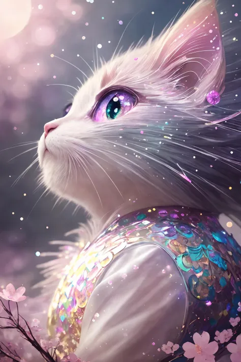 side view, oversaturate, colorfully, Fairytale, dreamlike, Cinematic character render, oil painting, 3D, 8k resolution, sequins, glitter, sakura forest, moonlight, Close up Portrait adorable chibi kawaii anthropomorphic kitten king, Detailed eyes, large round reflective eyes, <lora:epiNoiseoffset_v30:1>
