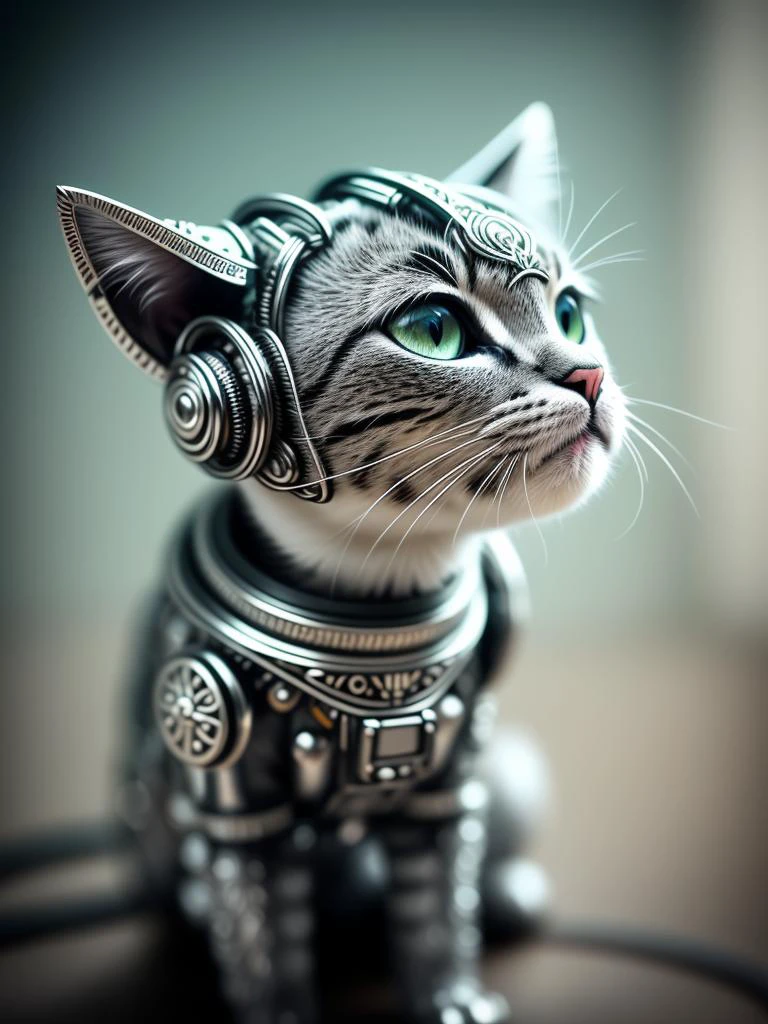 ein süßes Kätzchen aus Metall, (cyborg:1.1), ([Schwanz | deSchwanzed wire]:1.3), (intricate deSchwanzs), HDR, (intricate deSchwanzs, hyperdeSchwanzed:1.2), filmische Aufnahme, vignette, Zentriert