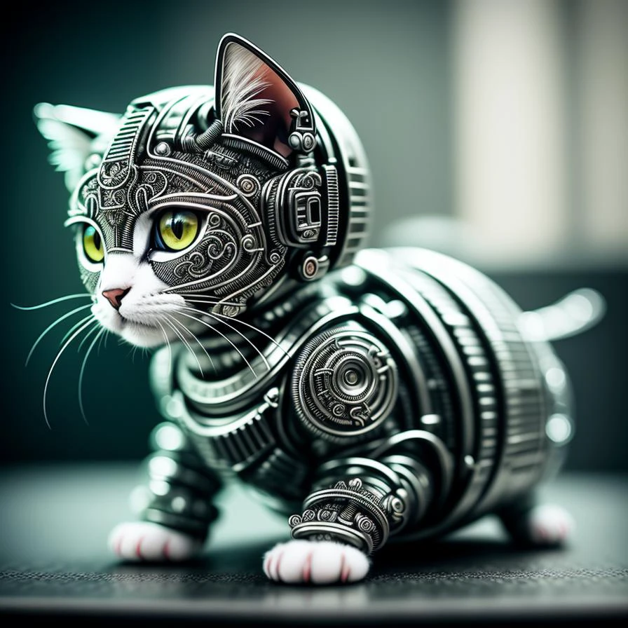 un joli chaton en métal, (cyborg:1.1), ([queue | dequeueed wire]:1.3), (intricate dequeues), hdr, (intricate dequeues, hyperdequeueed:1.2), plan cinématographique, vignette, centré